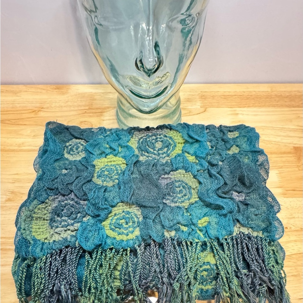 Unique Floral Scarf in Blues & Greens, Textured Flowers with Fringe - Picture 10 of 12